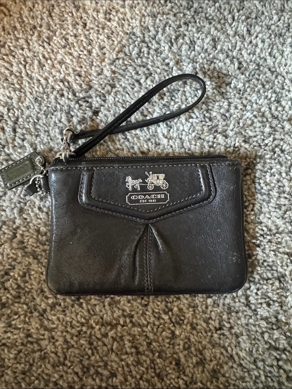 Coach Black Leather Wristlet with Silver Logo